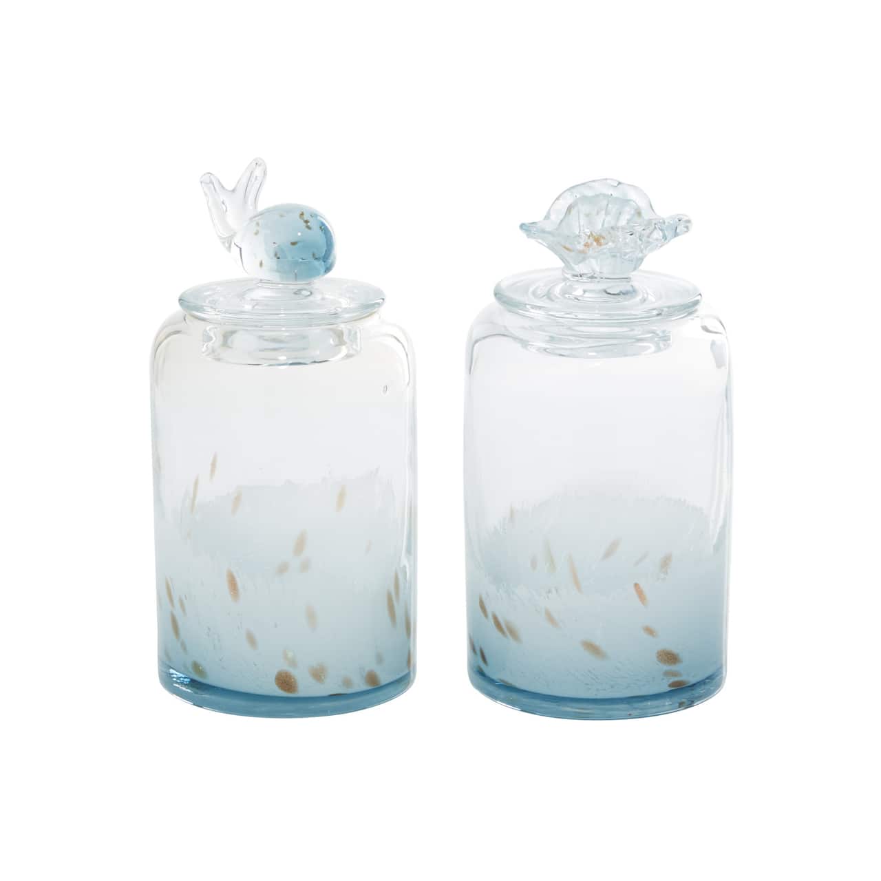 Set of 2" Blue Glass Contemporary Decorative Jars 5", 9"